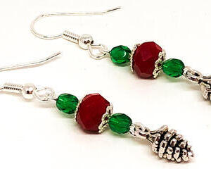 Handmade Red Green Christmas Pine Cone Charm Earrings