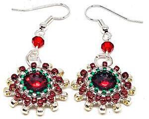 Handmade Red Green Gold Rivoli Bezeled Earrings
