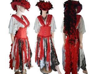 Red, white and black steampunk musketeer outfit with hat and feathers. Three outfits in one. Unique design.