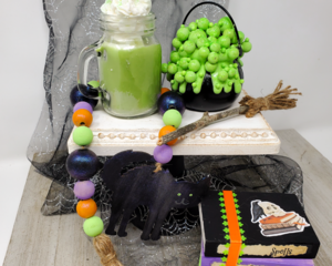 Witch themed Halloween tiered tray set green cauldron
