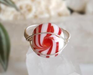 Lampwork Glass Peppermint Candy Sterling Silver Wire Wrapped Ring