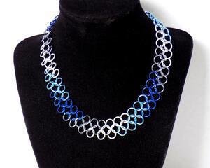 Handmade blue and white 16 inch long chainmaille choker necklace, European 4 in 1 pattern by RainbowMaille in the USA