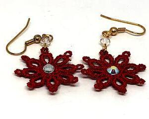 Handmade Red Lace Snowflake with Rhinestone Earrings