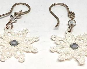 Handmade White Lace Snowflake with Rhinestone Sterling Silver Earrings