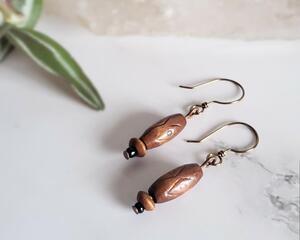 Carved Wood Copper Earrings