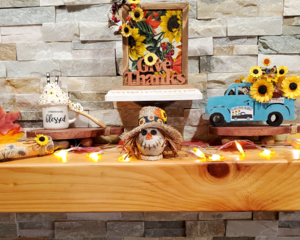 Sunflower Tiered tray set with truck, mug, spoon, rolling pin, wreath, scarecrow, and chalkboard.