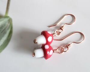 Glass Mushroom Red Amanita Copper Earrings