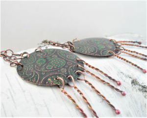 Paisley-impressed 2-inch copper disc Chandelier Boho Earrings Emerald green and antiqued Patina, Melted Twists of Copper Dangles, Argentium 935 Sterling Silver Ear Wires