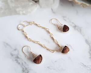 Goldstone Gemstone, Gold Colored Sterling Silver Plated Copper Wire Wrapped Bracelet and Earrings Jewelry Set