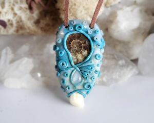 Ammonite and Rainbow Moonstone Pendant
