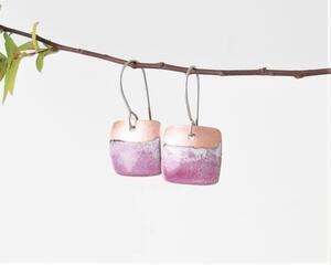 orchid purple amethyst raspberry copper enamel square dangle earrings