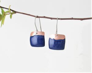 small square copper enamel dangle earrings cobalt blue