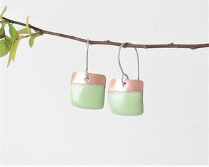 lichen green copper enamel square dangle earrings