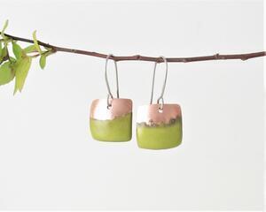 small square copper enamel dangle earrings olive bitter green