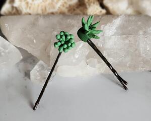 Polymer Clay Marbled Green Succulent Hair Pins, Set of 2
