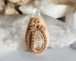 Moonstone and Quartz Polymer Clay Crown Chakra Pendant