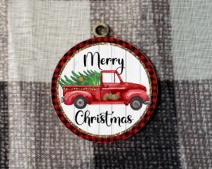Red truck ornament with red and black check frame