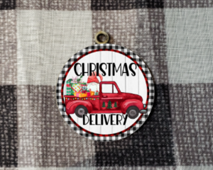 Red truck with gnome in back Christmas Delivery Ornament