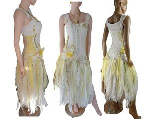 Yellow and white hippy boho shabby event or wedding dress, very cute.