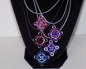Handmade chainmaille quilt squares pendant on leather cord necklace by RainbowMaille in the USA