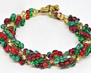 handmade dark green red gold spiral beadweaving bracelet