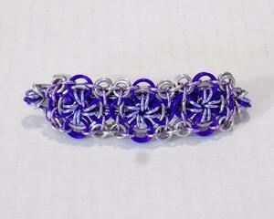 large 3 inch steel barrette with anodized aluminum chainmaille in new quilt squares pattern, handmade in USA by RainbowMaille