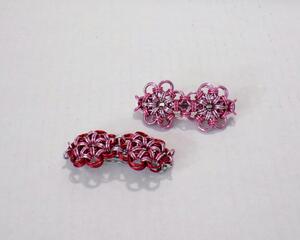 small 2.5 inch steel barrette with anodized aluminum chainmaille flowers, handmade in USA by RainbowMaille