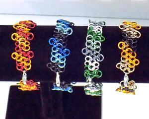 European 4-in-1 pattern aluminum chainmaille bracelets in hogwarts house colors, handmade in the USA by RainbowMaille