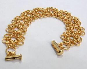gold-plated Japanese lace variation chainmaille bracelet with sliding bar clasp, handmade in the USA by RainbowMaille