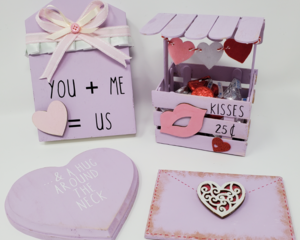 Lilac tiered tray set House, kissing booth, conversation heart, love letter