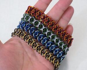 Reversible European 4-in-1 variant chainmaille bracelets in wizarding school house colors, handmade of anodized aluminum in the USA by RainbowMaille