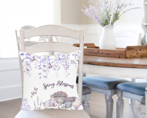 Wisteria pillow cover displayed on pillow in dining chair