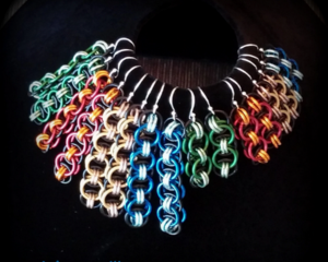 Harry Potter house color helms' chain earrings in 2 lengths, stainless steel hook earwires, handmade in the USA by RainbowMaille