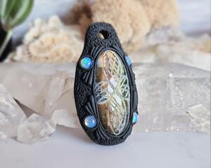 Carved Labradorite and Opal Polymer Clay Pendant