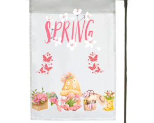 Pink and yellow garden flag with a gnome and butterflies