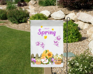 : Hello spring garden flag in a landscape scene