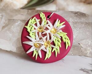 Crystal Edelweiss Daisy Polymer Clay Pendant