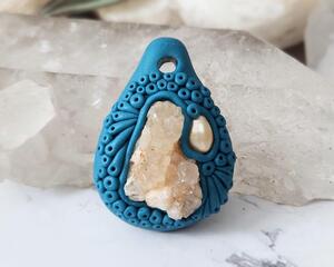 Illinois Quartz Cluster and Freshwater Pearl Blue Polymer Clay Pendant