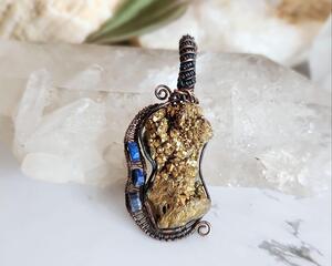 Titanium Druzy Quartz and Lapis Lazuli Copper Guitar Pendant