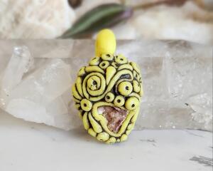 Wisconsin Red Druzy Quartz Yellow Polymer Clay Pendant