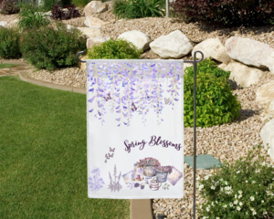 Spring blossoms flag in a garden landscape