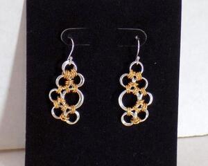gold over silver Japanese Lace pattern chainmaille earrings on hook earwires, handmade in the USA by RainbowMaille
