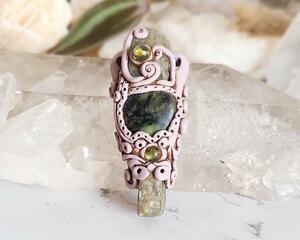 Green Kyanite, Serpentine and Peridot Polymer Clay Heart Chakra Pendant