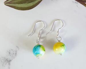 Blue and Yellow Alcohol Ink Watercolor Sterling Silver Earrings