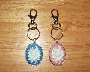 Cameo Pendant Keychain, Victorian Rose, Blue or Pink