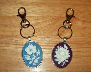 Cameo Pendant Keychain with Hibiscus Flower or Victorian Rose