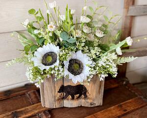 Handmade wood box with black bear image wood-burned onto the front. Box has faux sunflower flower arrangement in it.