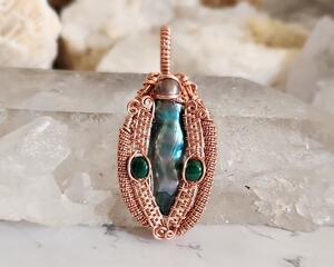 Freshwater Pearl, Blister Pearl and Malachite Copper Wire Wrapped Gemstone Pendant