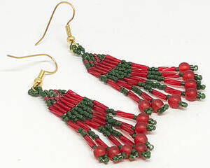 Handmade Cranberry Red Green Fringe Earrings