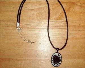 Black Rose Cameo Pendant Necklace with Satin Rattail Cord